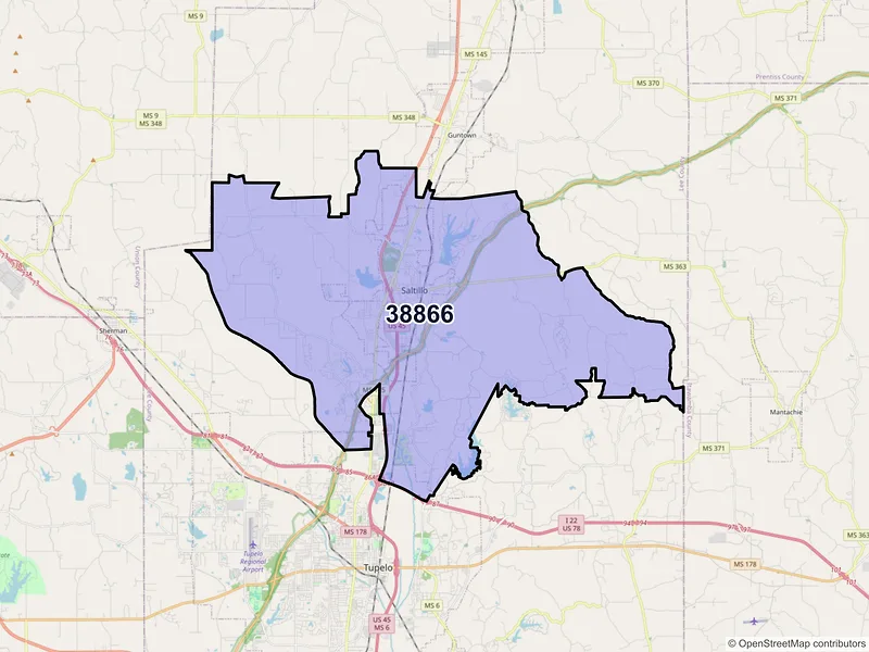 Map of ZIP Code 38866 — Saltillo, MS