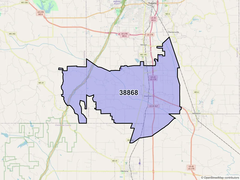 Map of Shannon, Mississippi and ZIP codes