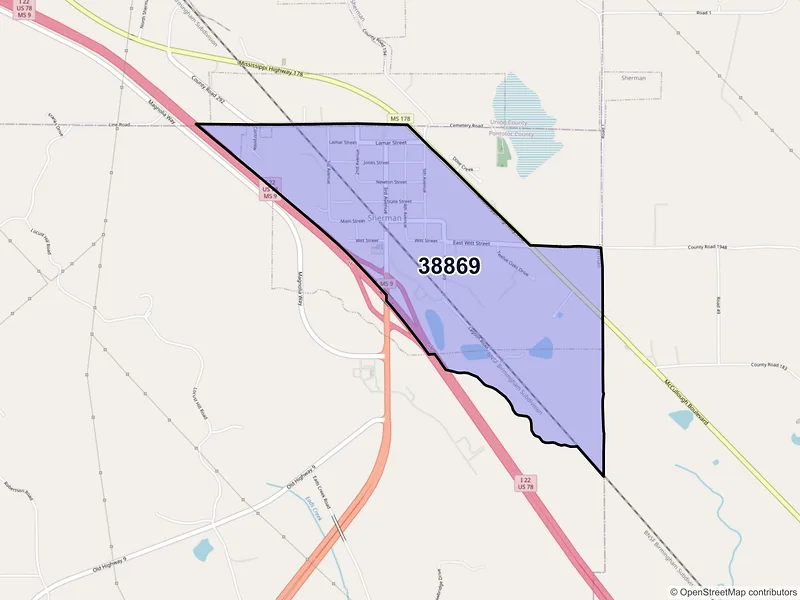 Map of Sherman, Mississippi and ZIP codes
