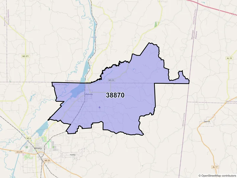 Map of ZIP Code 38870 — Smithville, MS
