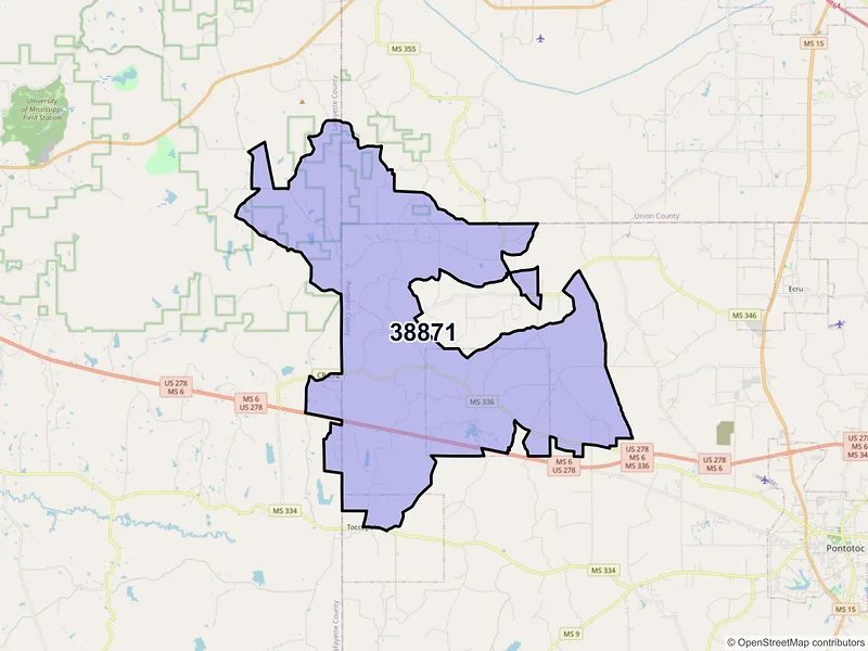 Map of ZIP Code 38871 — Thaxton, MS