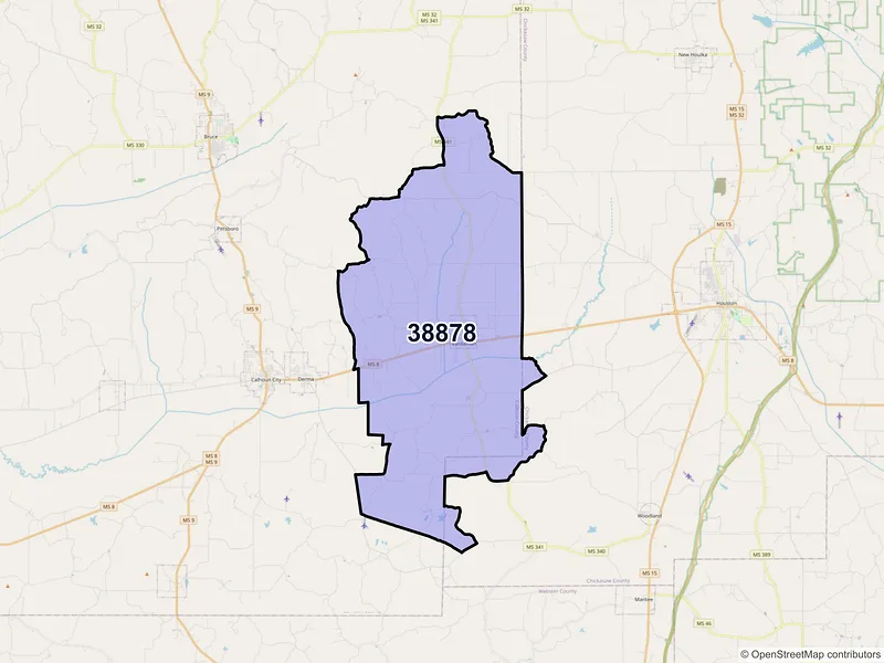 Map of ZIP Code 38878 — Vardaman, MS