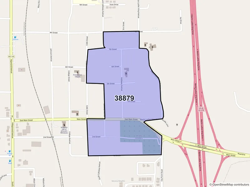Map of Verona, Mississippi and ZIP codes