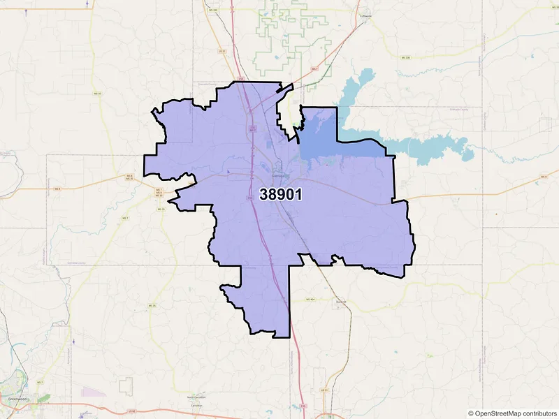 Map of ZIP Code 38901 — Grenada, MS