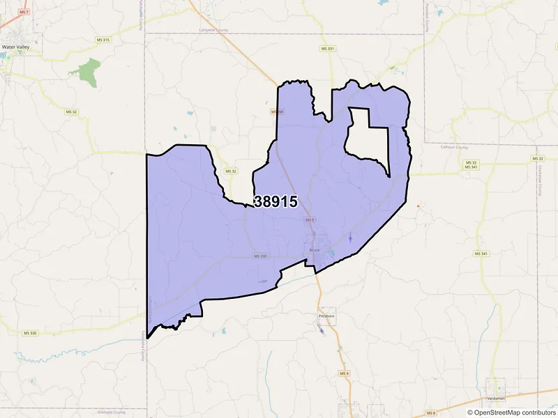 Map of Bruce, Mississippi and ZIP codes