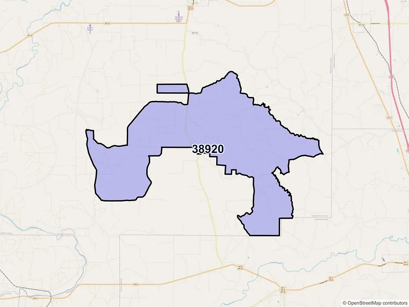 Map of ZIP Code 38920 — Cascilla, MS