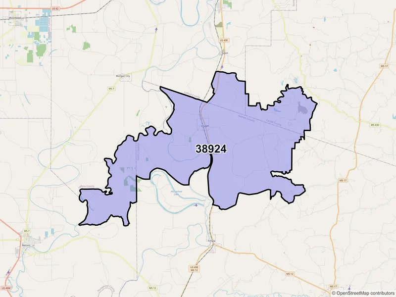 Map of Cruger, Mississippi and ZIP codes