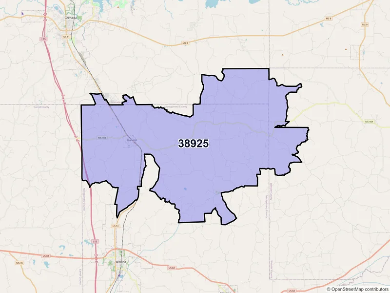Map of ZIP Code 38925 — Duck Hill, MS