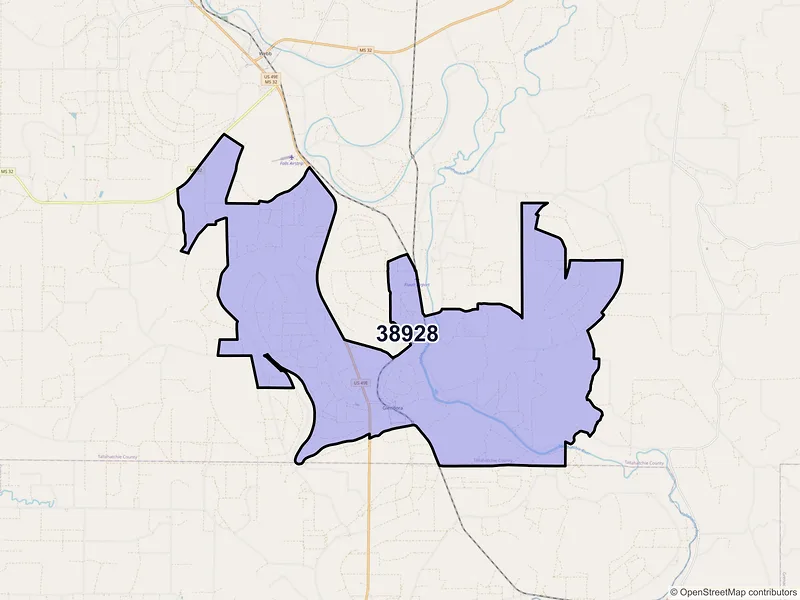 Map of ZIP Code 38928 — Glendora, MS