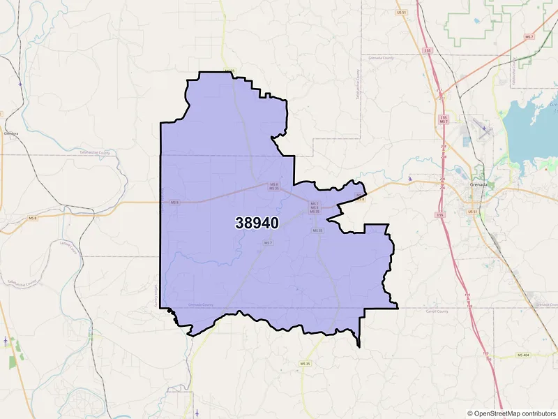 Map of ZIP Code 38940 — Holcomb, MS