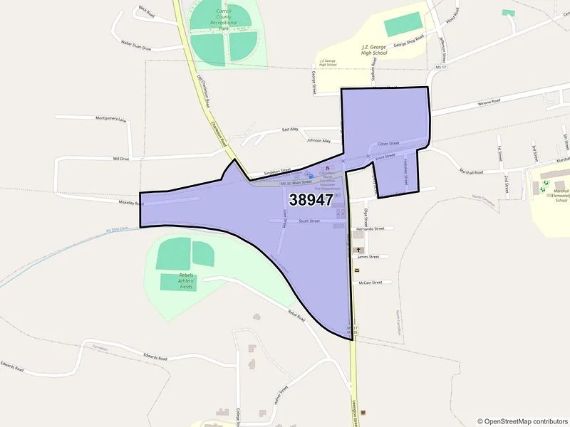 Map of North Carrollton, Mississippi and ZIP codes