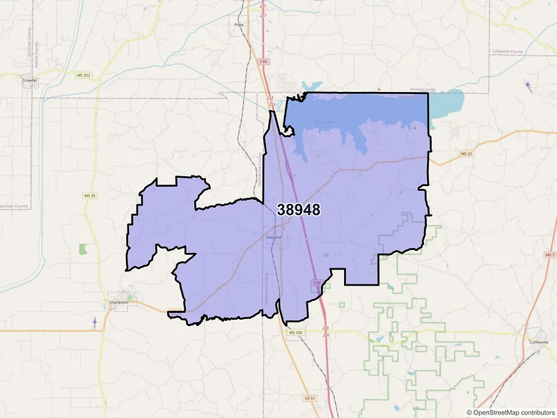 Map of Oakland, Mississippi and ZIP codes