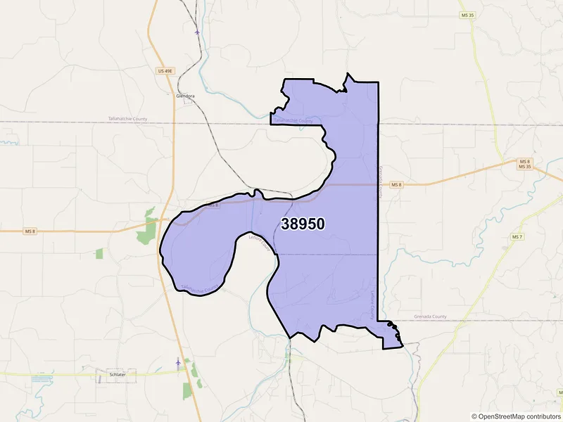 Map of ZIP Code 38950 — Philipp, MS