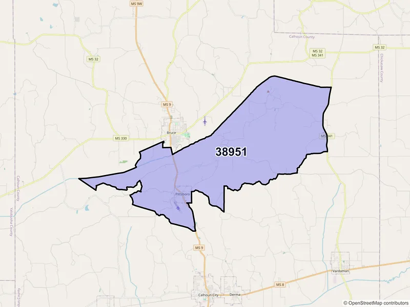 Map of ZIP Code 38951 — Pittsboro, MS