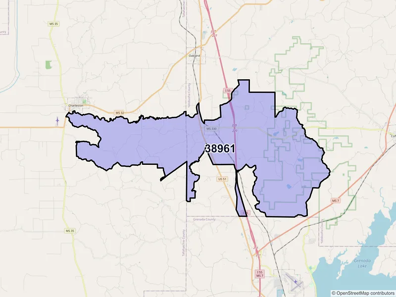 Map of Tillatoba, Mississippi and ZIP codes