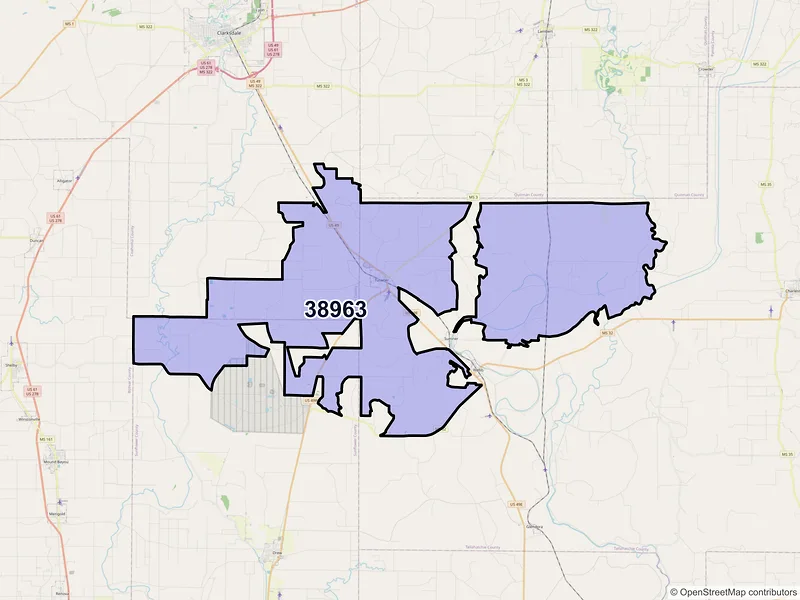 Map of ZIP Code 38963 — Tutwiler, MS