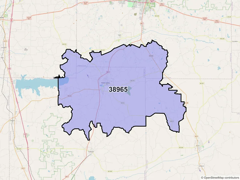 Map of ZIP Code 38965 — Water Valley, MS