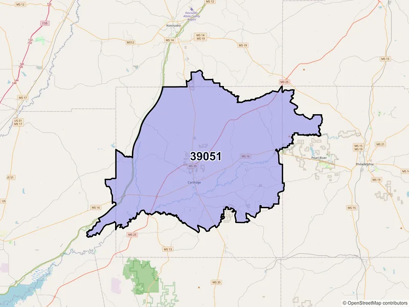 Map of ZIP Code 39051 — Carthage, MS