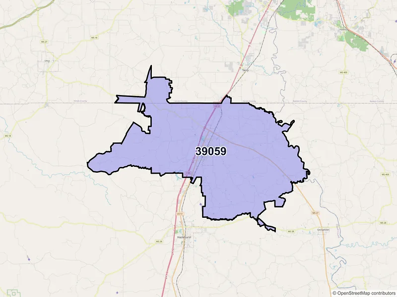Map of ZIP Code 39059 — Crystal Springs, MS