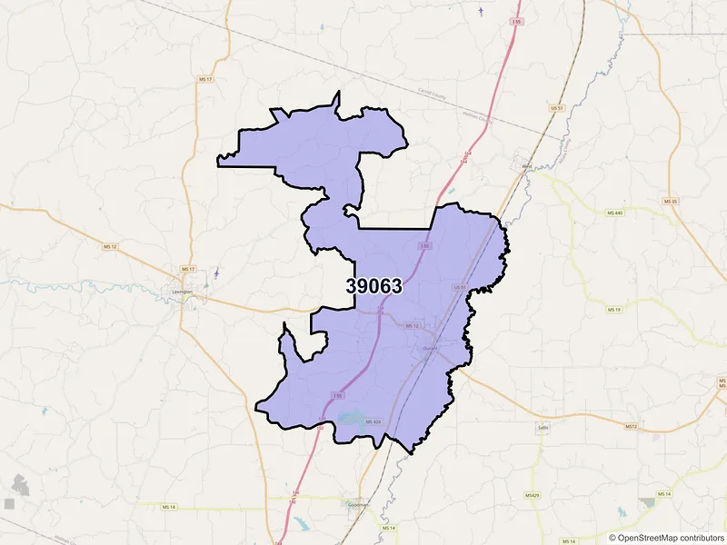 Map of ZIP Code 39063 — Durant, MS