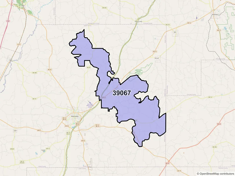 Map of Ethel, Mississippi and ZIP codes