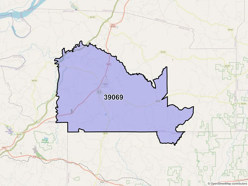 Map of ZIP Code 39069 — Fayette, MS