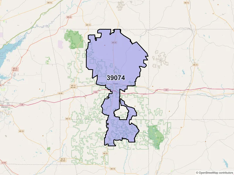 Map of ZIP Code 39074 — Forest, MS