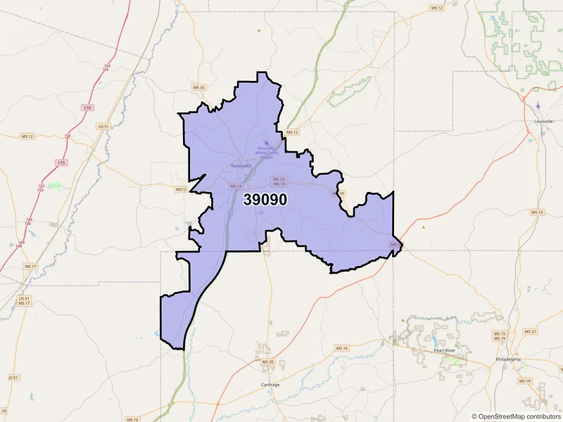 Map of ZIP Code 39090 — Kosciusko, MS