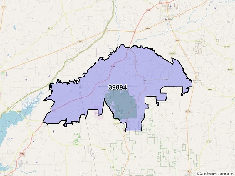 Map of ZIP Code 39094 — Lena, MS