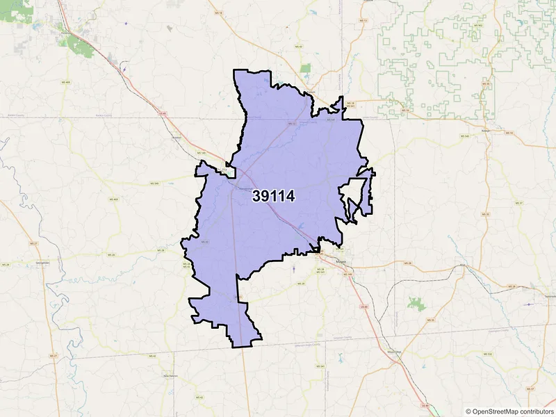 Map of ZIP Code 39114 — Mendenhall, MS