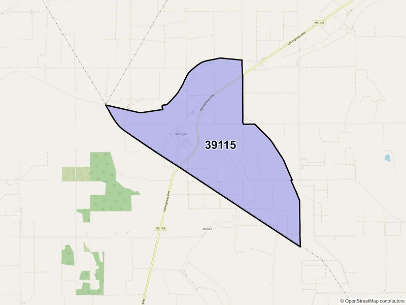 Map of Midnight, Mississippi and ZIP codes