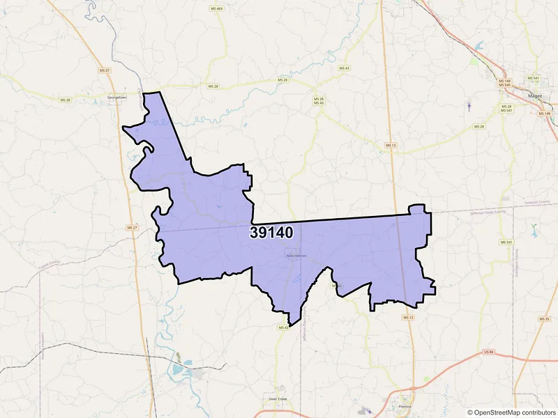 Map of ZIP Code 39140 — Newhebron, MS
