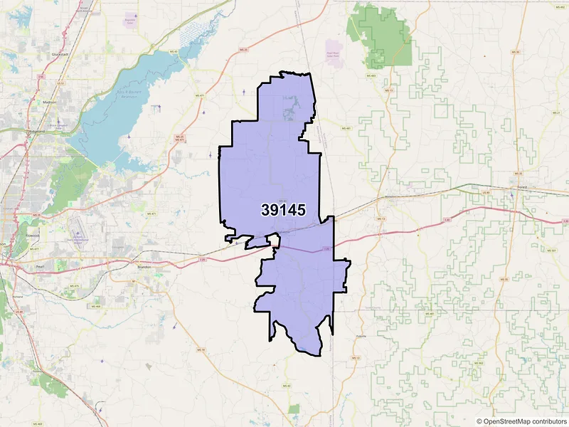 Map of ZIP Code 39145 — Pelahatchie, MS