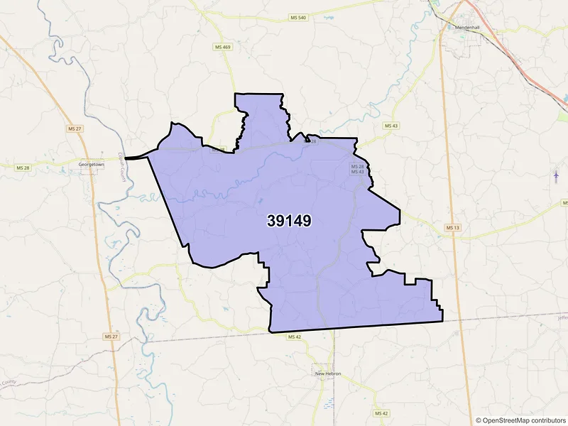 Map of ZIP Code 39149 — Pinola, MS