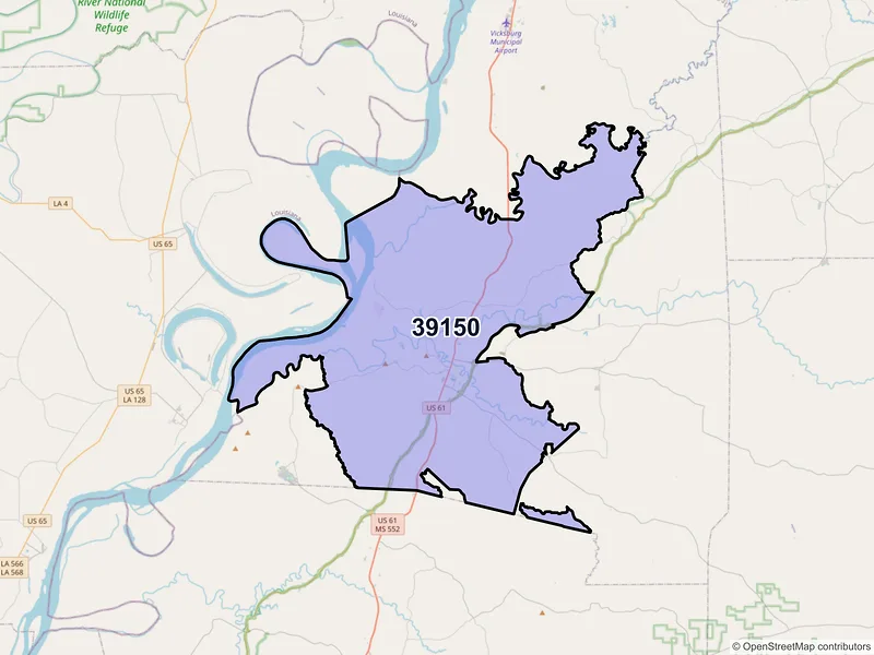 Map of ZIP Code 39150 — Port Gibson, MS