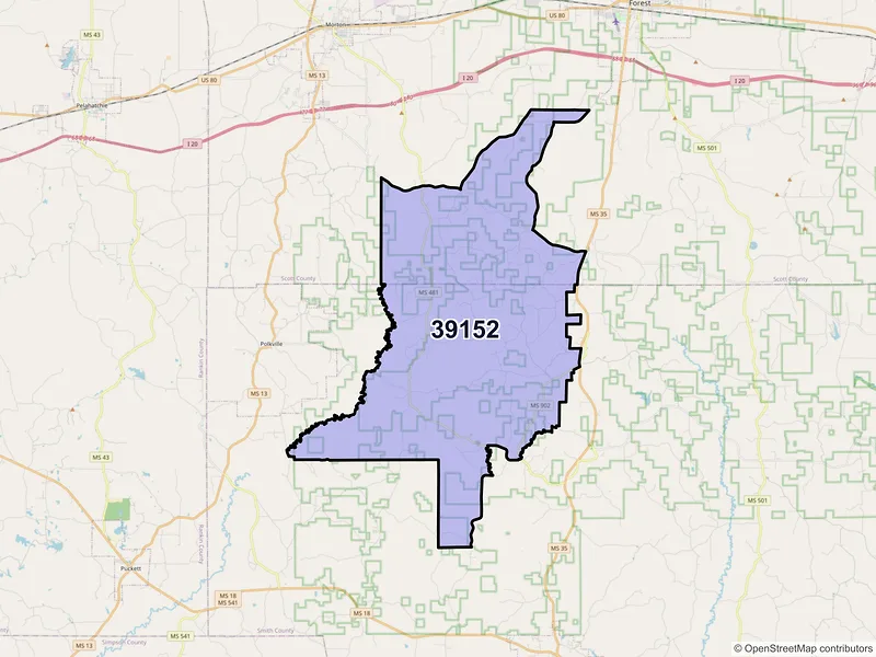 Map of ZIP Code 39152 — Pulaski, MS