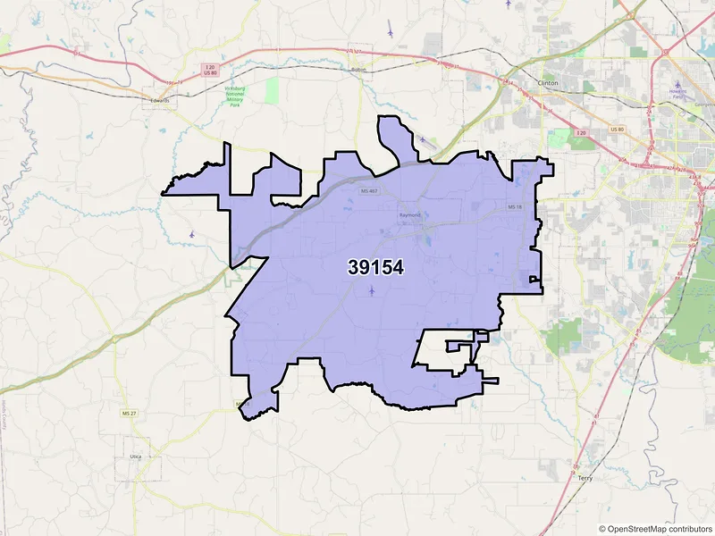 Map of ZIP Code 39154 — Raymond, MS