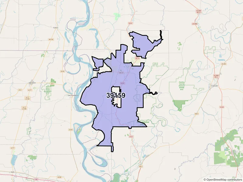 Map of ZIP Code 39159 — Rolling Fork, MS