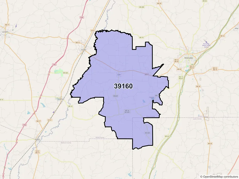 Map of ZIP Code 39160 — Sallis, MS