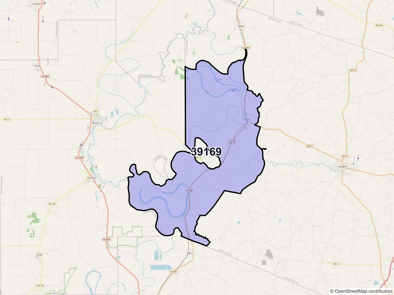 Map of ZIP Code 39169 — Tchula, MS