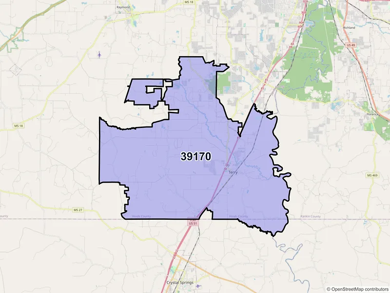Map of ZIP Code 39170 — Terry, MS