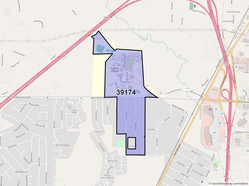 Map of Tougaloo, Mississippi and ZIP codes