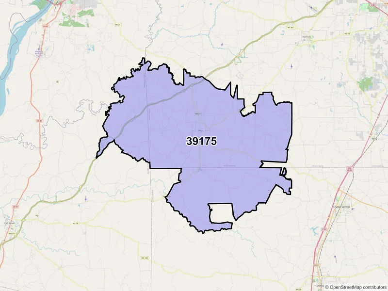 Map of ZIP Code 39175 — Utica, MS