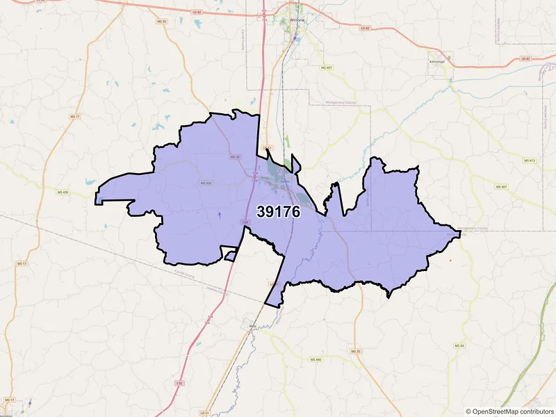 Map of ZIP Code 39176 — Vaiden, MS