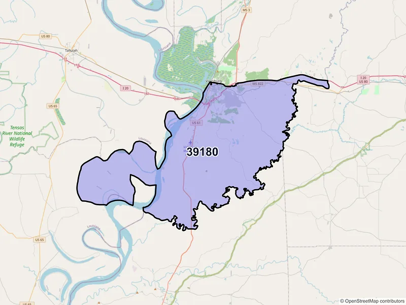 Map of ZIP Code 39180 — Vicksburg, MS