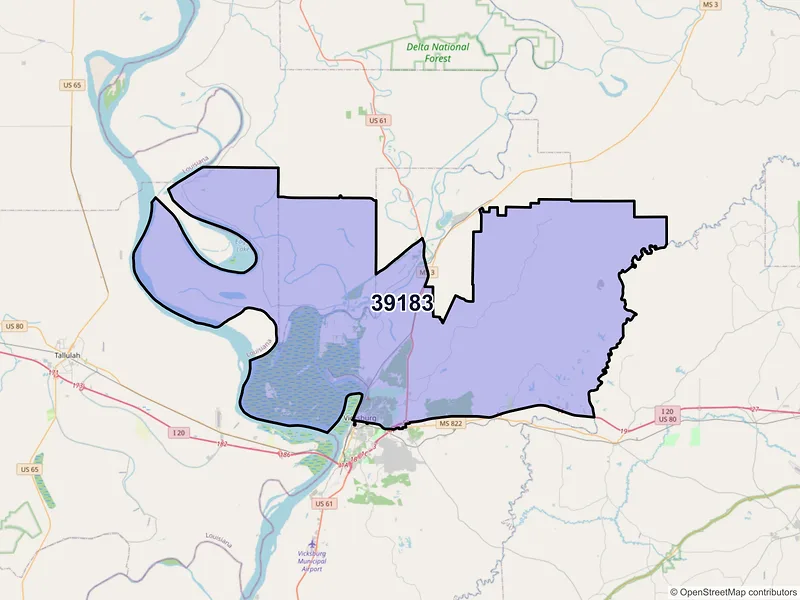 Map of ZIP Code 39183 — Vicksburg, MS