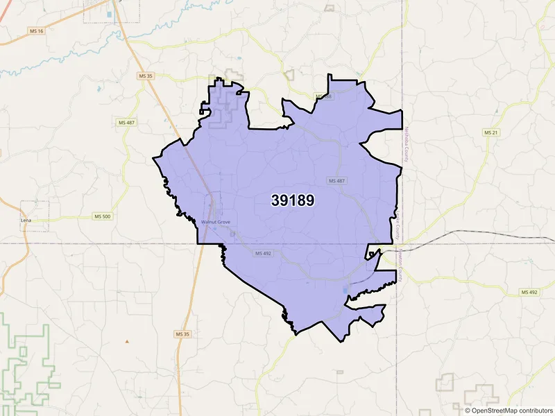 Map of Walnut Grove, Mississippi and ZIP codes