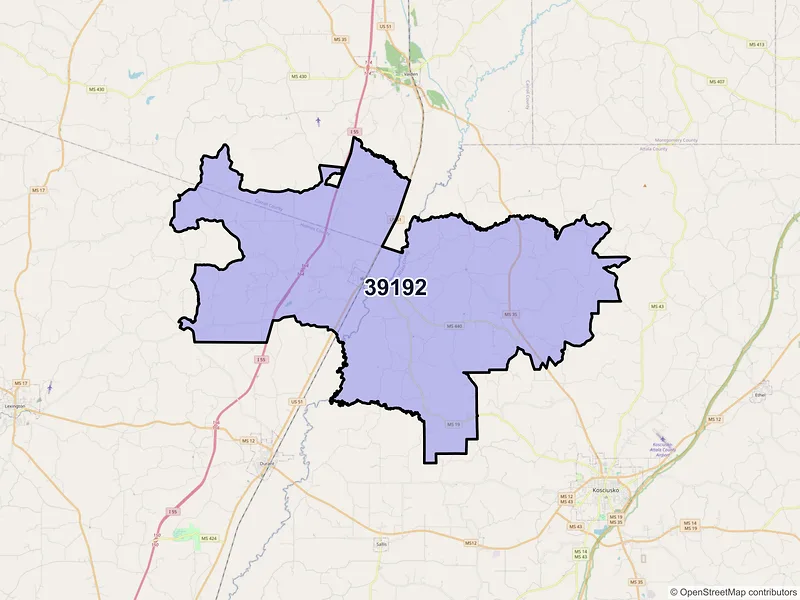 Map of ZIP Code 39192 — West, MS