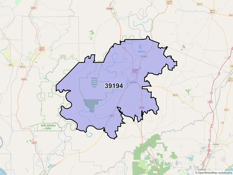 Map of ZIP Code 39194 — Yazoo City, MS