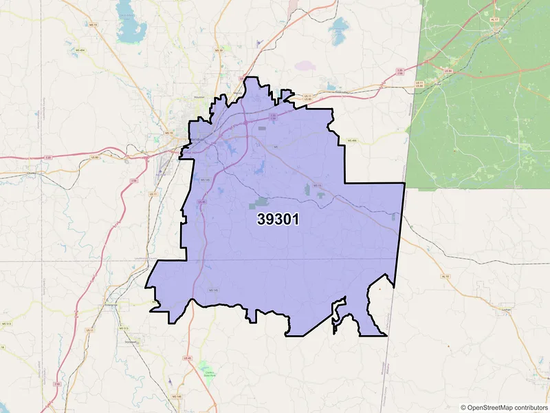 Map of ZIP Code 39301 — Meridian, MS
